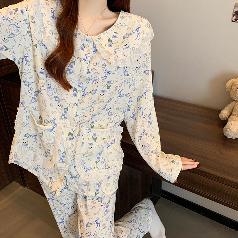 Primavera nueva nube de algodón pijama de otoño delgado flores dulces red en vivo ropa casera casera de dos piezas