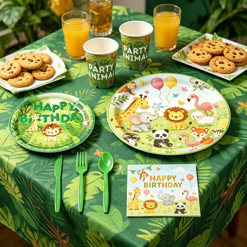In-stock new green jungle animal disposable tableware paper plates paper cups paper napkins birthday party event decoration In-stock new green jungle animal disposable tableware paper plates paper cups paper napkins birthday party event decoration