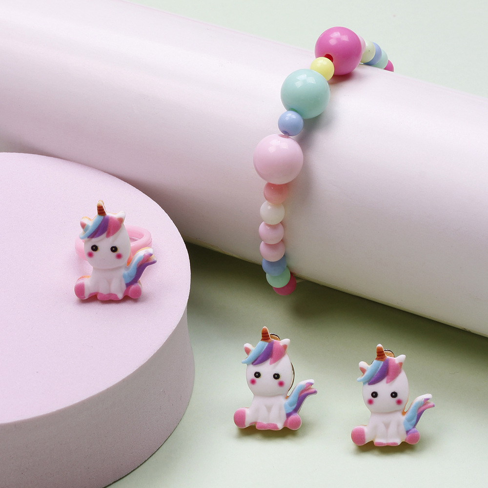 Cute Unicorn Crown Resin Beaded Rings Earrings Necklace 1 Set