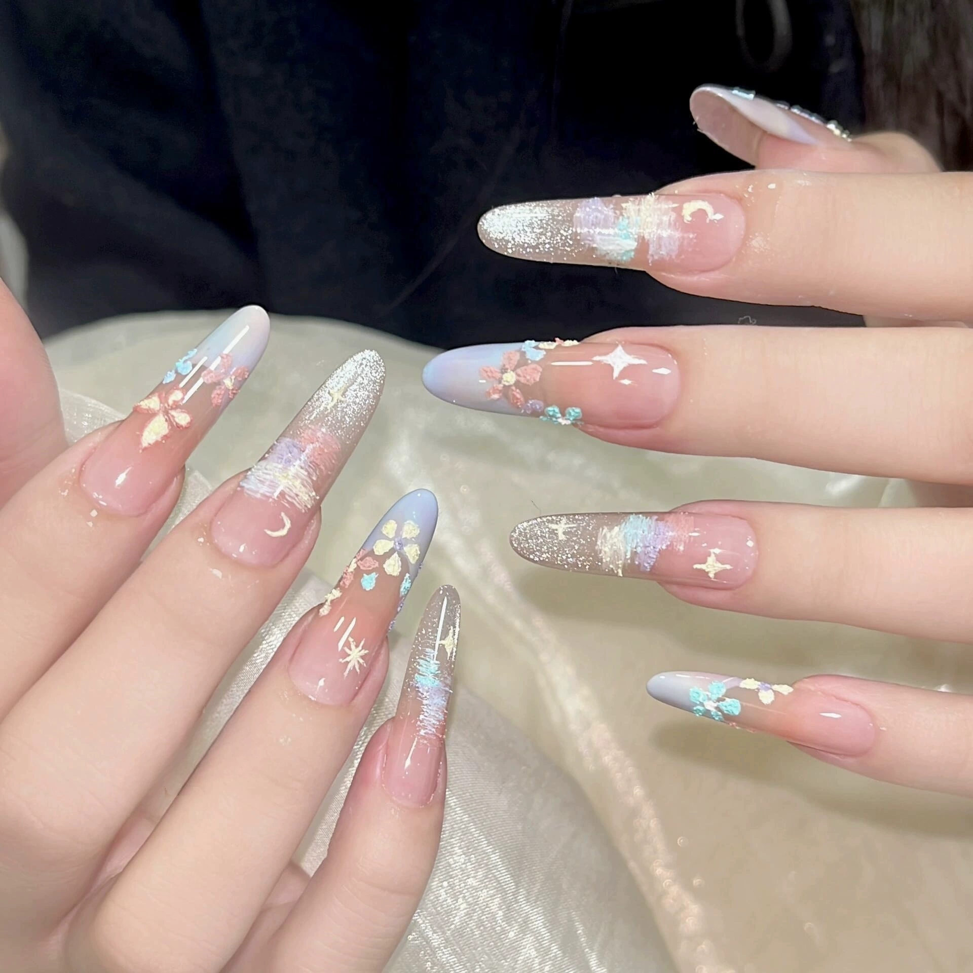 Накладные ногти Monet's Garden, летние, в стиле INS, ручной работы, готовый продукт, милые маленькие цветочки, новая модель, осветляющие