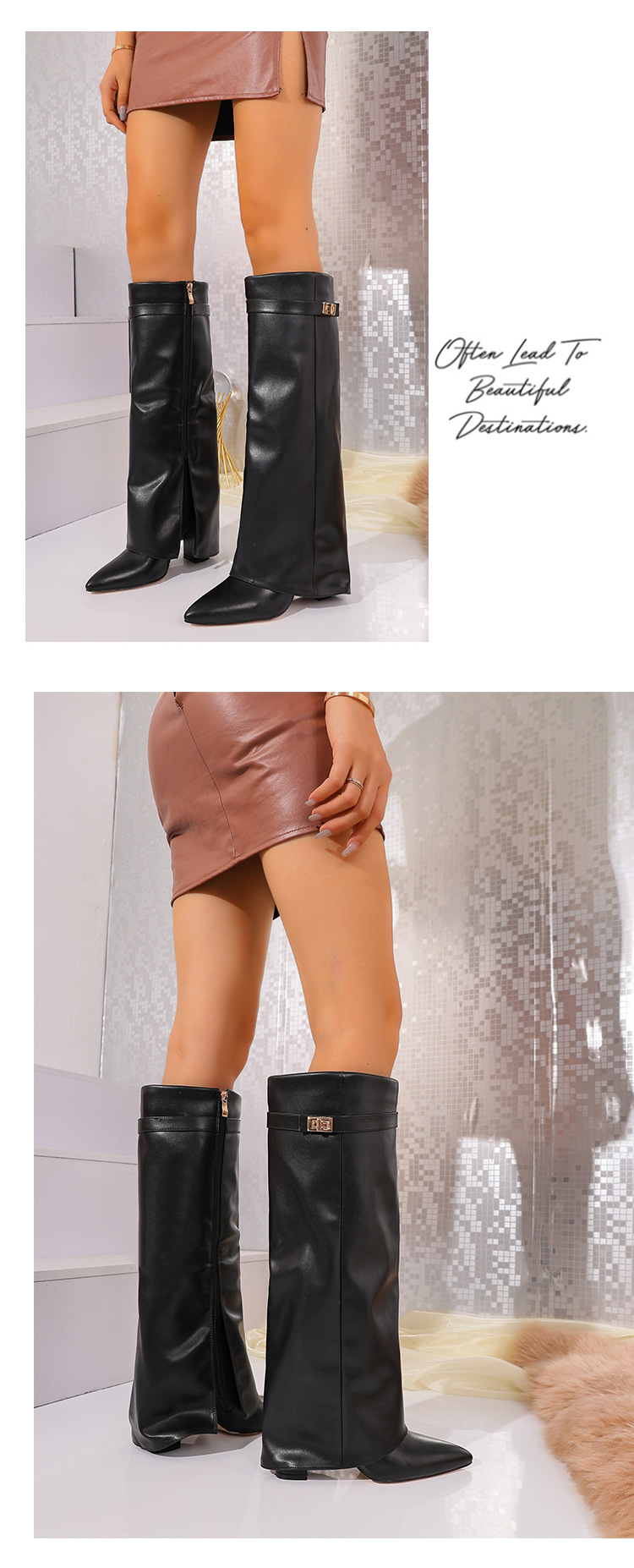 Women's Pointed Toe Suede Cowboy Boots With Side Zipper Style_voghion.com
