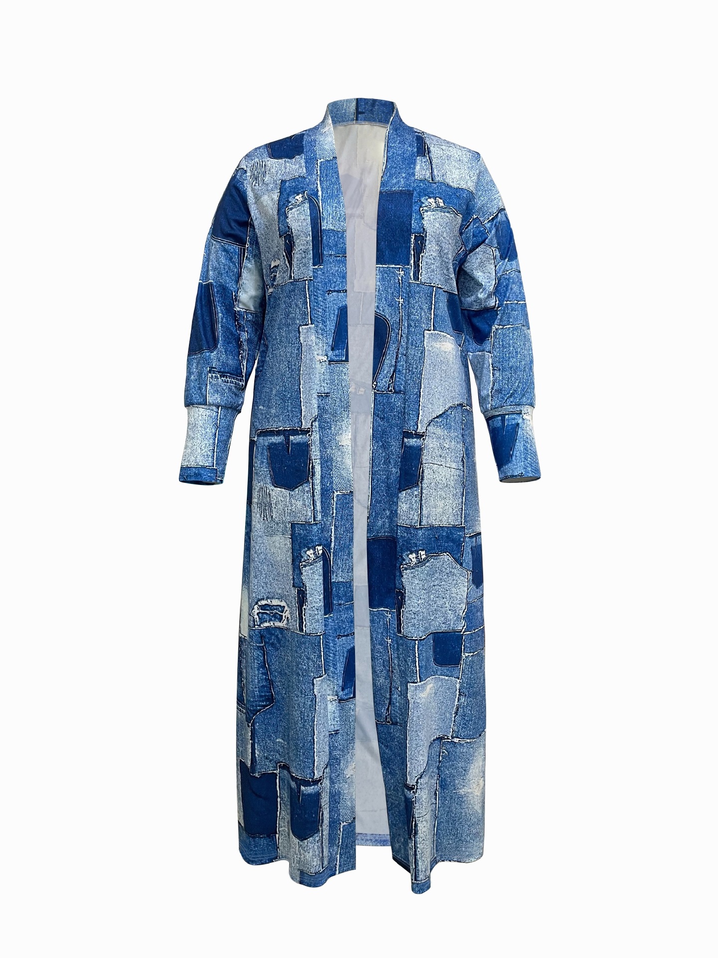 Giacca a vento lunga con stampa denim da donna taglie forti_voghion.com