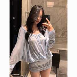 大码蓝色一字肩长袖连衣裙女显瘦收腰裙子蝙蝠袖纯欲辣妹包臀短裙