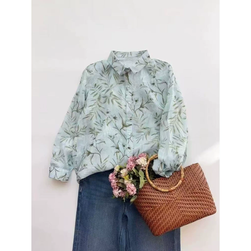 2025 новая тонкая рубашка с принтом в виде веток и листьев, женская рубашка из рами, свободная и универсальная летняя рубашка с французским цветочным принтом