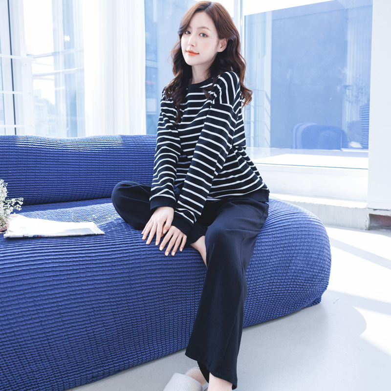 パジャマレディース春秋純綿長袖2023年新作純綿セットストライプホームウェアカジュアル外着可