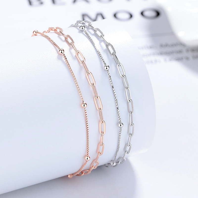 Double-layer chain bracelet for women, 925 silver bracelet, cross-border jewelry, niche design, plain circle bead bracelet, birthday gift Double-layer chain bracelet for women, 925 silver bracelet, cross-border jewelry, niche design, plain circle bead bracelet, birthday gift