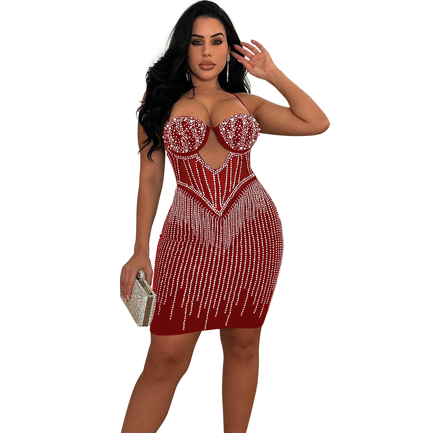 C6753 transfronteriza AliExpress Amazon europeo y americano de las mujeres de moda de color sólido malla rhinestone Correa falda vestido image 8