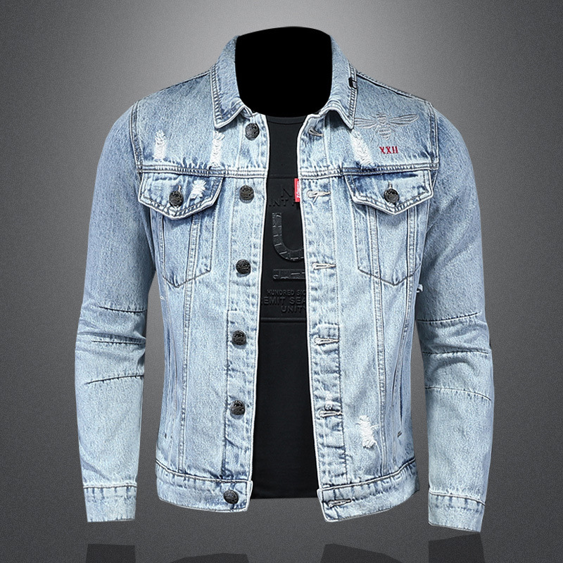 2023 Spring New European Style Men's Light-Colored Lapel Denim Jacket With Bee Embroidery QT5027/H06520_mkmklike.com