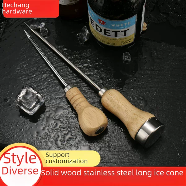 Solid Wood Stainless Steel Long Ice Cone Refrigerator Freezer De-Icing Equipment Single-Pronged Wooden Handle Ice Cone Ice Chisel Wine Set