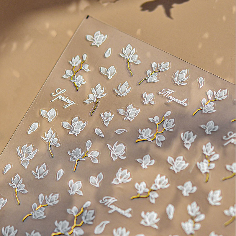 Magnolia pegatinas de manicuras flores blancas 5D estereoscopio relieve primavera pequeña decoración de uñas frescas pegatinas de patrón pequeño