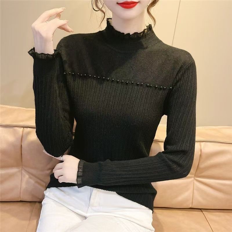 半高领毛衣打底衫女内搭秋冬2025新款时髦洋气蕾丝针织衫套头上衣|undefined
