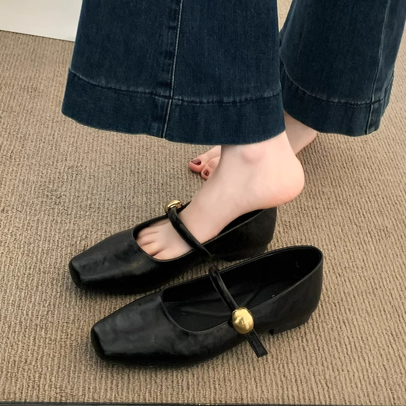 黑色单鞋女2025新款春夏季低跟平底小皮鞋法式玛丽珍女鞋子配裙子|undefined