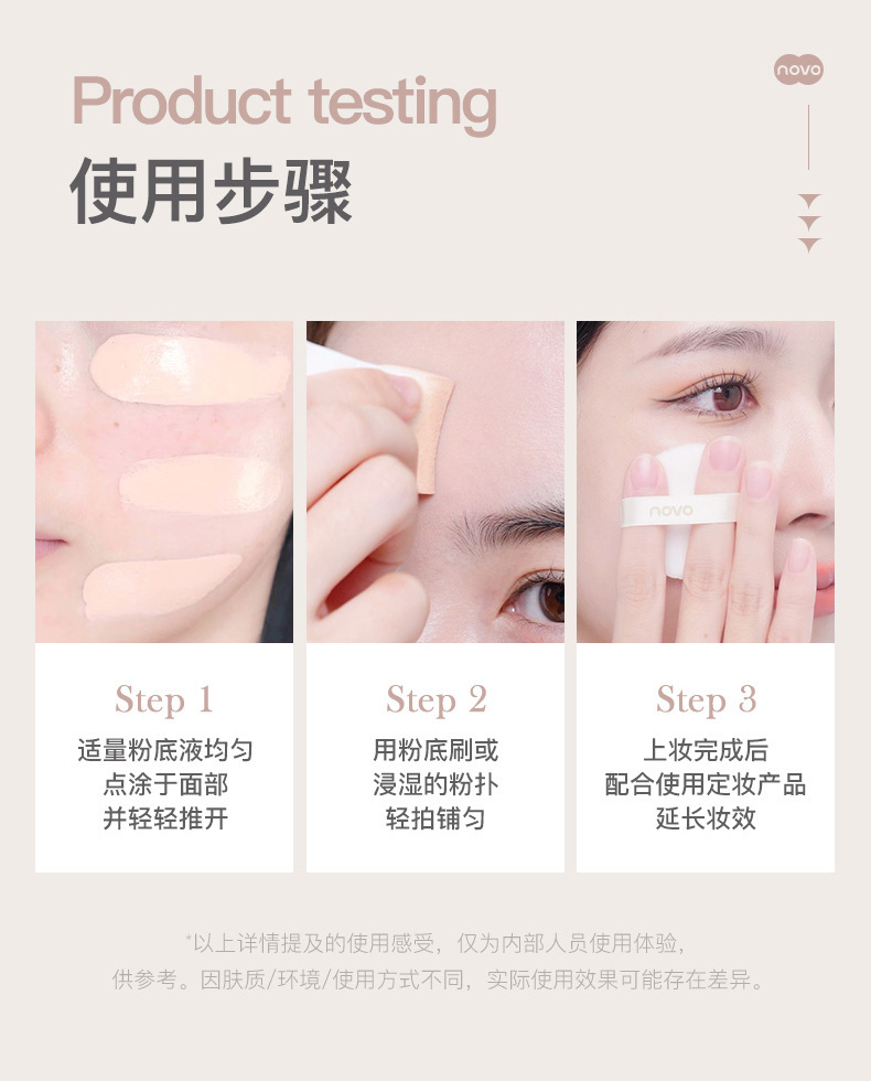 NOVO Makeup and Beauty Foundation controls oil, moisturizes, conceals blemishes, is water-resistant, sweat-proof, does not smudge, and is suitable for dry skin and cream undefined