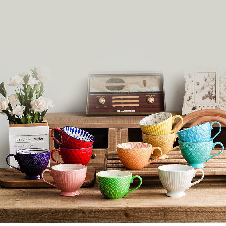 Taza de desayuno de cerámica en relieve, taza de nicho, taza de café de gran capacidad, taza de avena, taza de agua doméstica