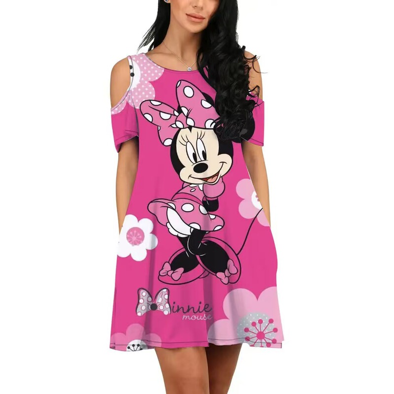 2024 New Cartoon Print Off-Shoulder Dress for Women, Summer Loose Cute Minnie Mickey Stitch Short-Sleeve Dress