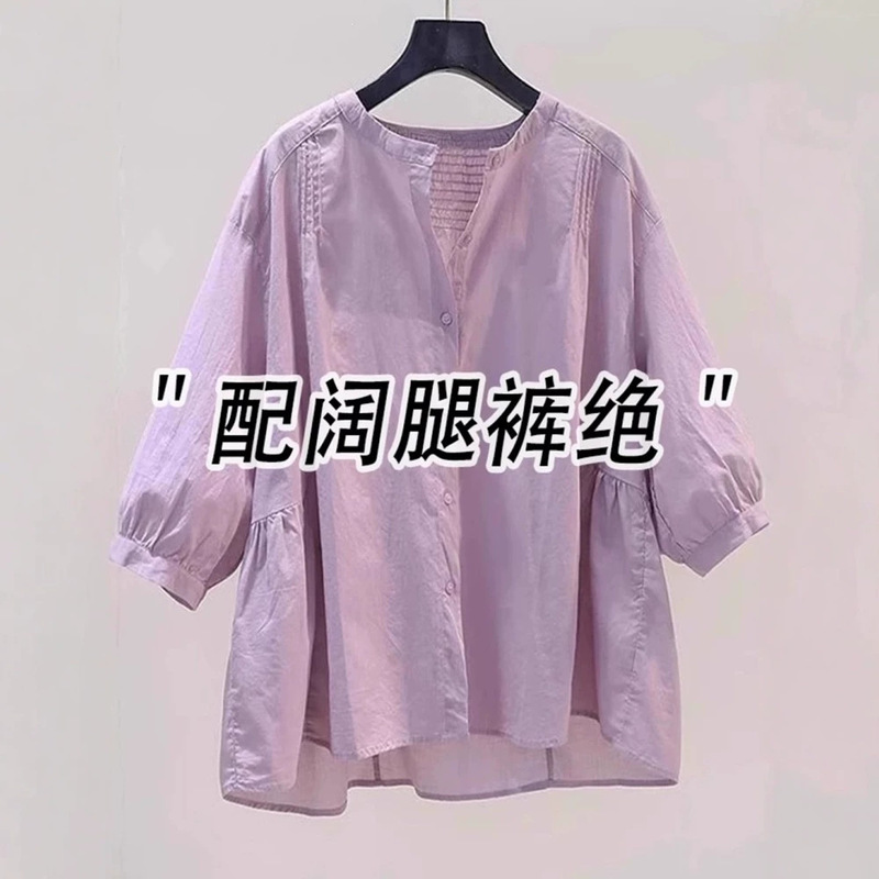 Purple Three-Quarter Sleeve Cotton and Linen Shirt for Women, Summer 2026 New Style, Age-Reducing, Stylish, Loose-Fitting, New Chinese-Style Doll Shirt Top