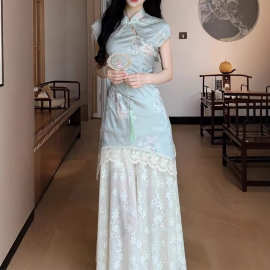 新中式国风月魄霜英 新中式国风拼接蕾丝印花旗袍连衣裙女装显瘦