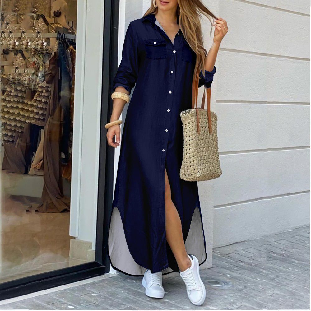 Women's A-line Skirt Fashion Turndown Button Long Sleeve Solid Color Maxi Long Dress Daily display picture 6