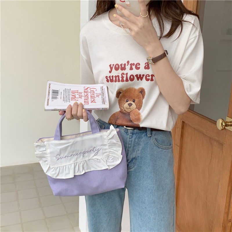 1441 Japanese and Korean chic Sweet ruffled bento Bag, Fresh embroidered hand-held small cloth bag, girl student bag wholesale undefined