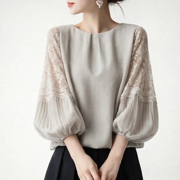 Cross-Border Japanese Rakuten Lace Patchwork Chiffon Blouse for Women, Loose Round Neck, Three-Quarter Sleeves, Batwing Sleeves, Thin and Versatile Top