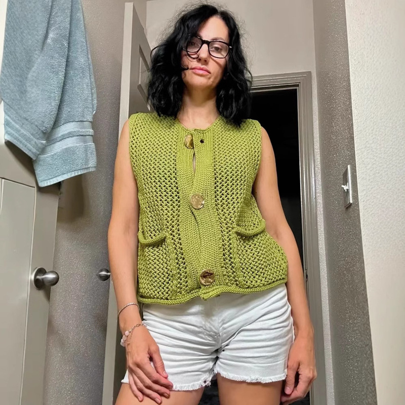 2025 Autumn/Winter Knitted Sweater European and American Women's Street Fashion Crochet Hollow Out Vest Women's Foreign Trade Vest