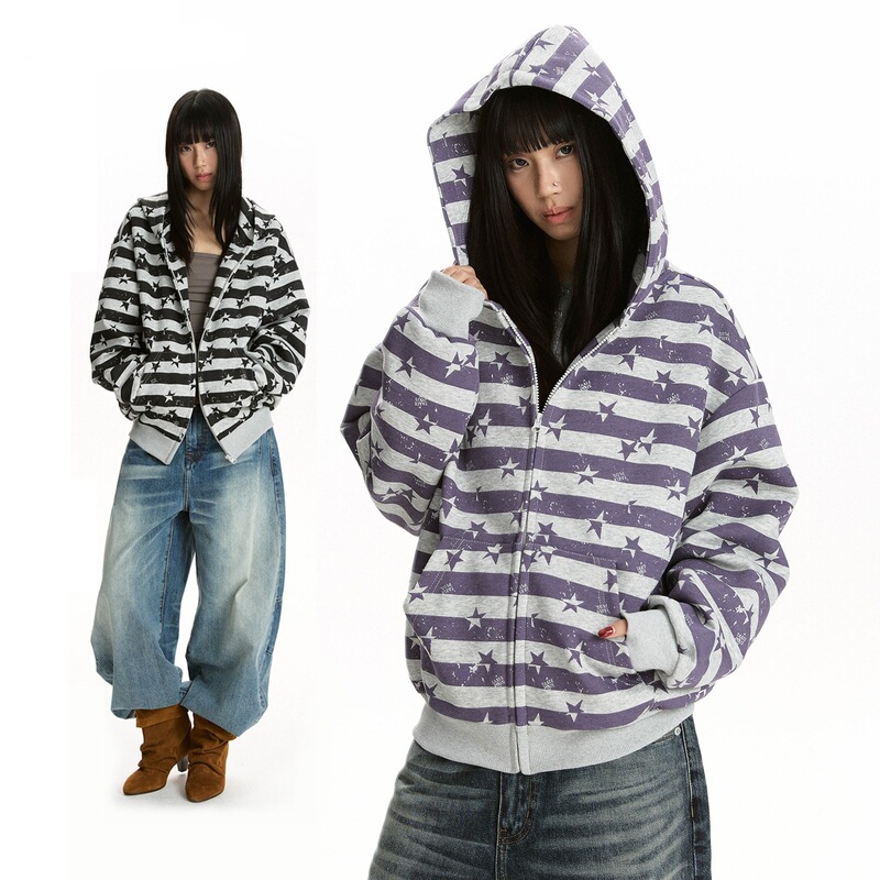American-Style Spring and Autumn Trendy Brand Color-Block Striped Star-Printed Hoodie, Casual Style Couple's Zip-Up Jacket for Women American-Style Spring and Autumn Trendy Brand Color-Block Striped Star-Printed Hoodie, Casual Style Couple's Zip-Up Jacket for Women