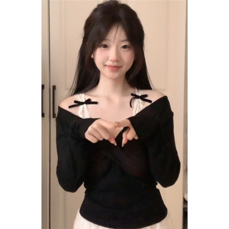 1*1 Customizable Lace Patchwork Fake Two-Piece Off-Shoulder Long Sleeve T-Shirt for Women, Autumn V-Neck Twist Knot Slim Fit Top