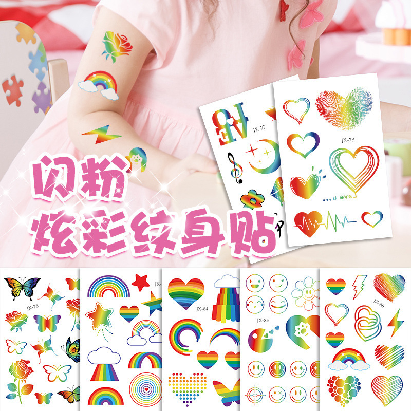 Cross-Border New Spot Glitter Tattoo Stickers Gradient Colorful Face Children's Rainbow Butterfly Temporary Waterproof Sweat Stickers