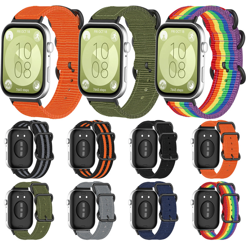 For Huawei Fit3 Watch Three-Ring Canvas Wristband Watch Fit2/1 Generation Color Striped Woven Cloth Strap