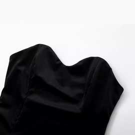 跨境外贸2024欧美春新款时尚气质抹胸领黑白撞色拼接丝绒连衣裙女