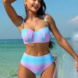 2026欧美渐变分体比基尼泳衣亚马逊高腰贝壳bikini海边度假游泳衣