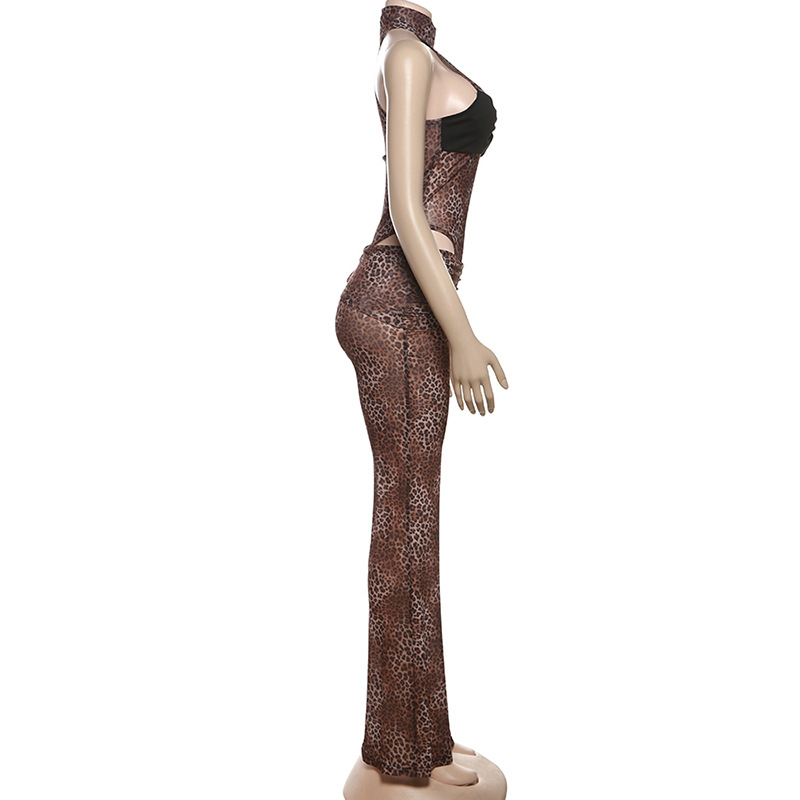 Spring Sexy Waist Trimming Contrast Color Sleeveless Leotard High Waist Leopard Print Trousers Two Piece Sets