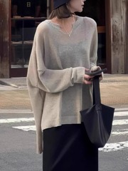 大码不规则薄款长袖针织衫女早秋新款宽松韩系穿搭设计感小众上衣