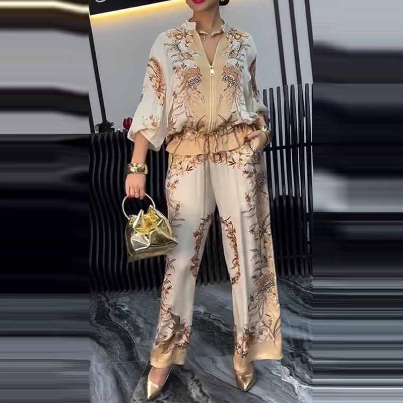 Amazon Cross-Border 2025 Summer European and American Export New Women's Fashion Casual Printed Tops and Pants Suits for Women