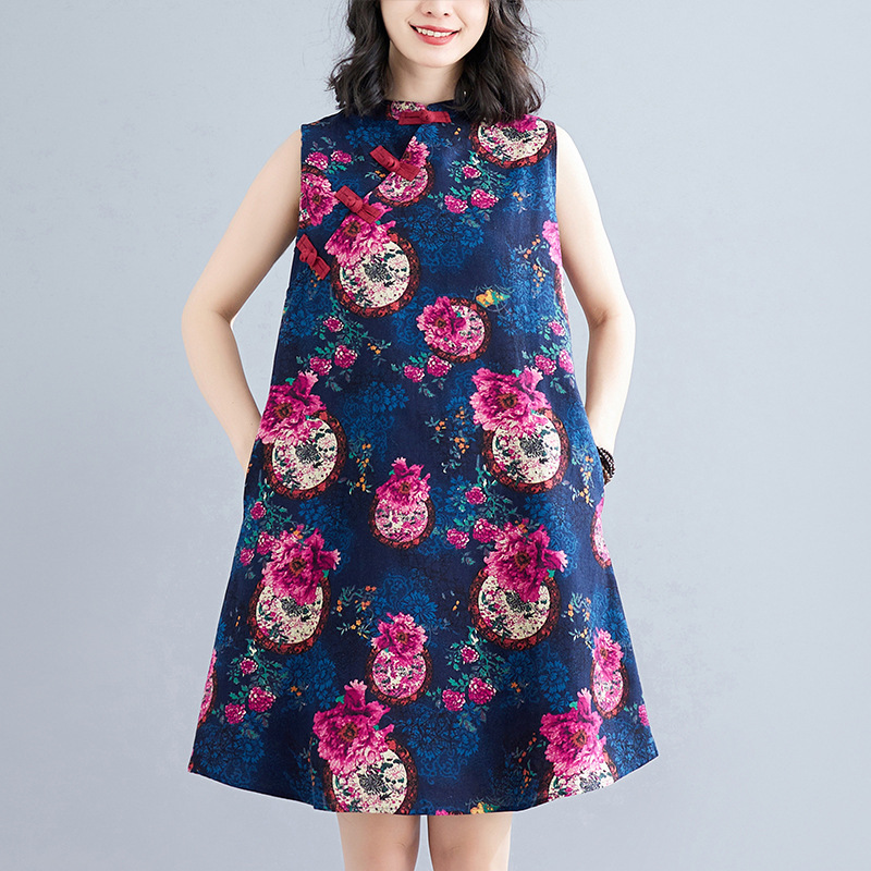 Real Shot of 2025 Summer New Style Chinese-Style Improved Cheongsam, Artistic Retro Loose Mid-Length Cotton and Linen Dress for Women