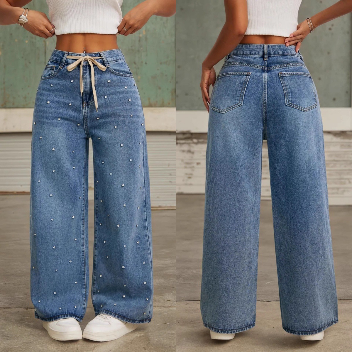 European and American Style Beaded Denim Jeans for Women, New Summer Fashion, High-Waisted, Loose Fit, Slimming, Straight-Leg, Versatile, Wide-Leg, Floor-Length Pants with Embellishments