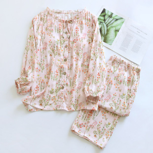 Bamboo Cotton Gauze Confinement Clothing for Women Spring & Fall Retro Floral Long-Sleeved Round Neck Cardigan Summer Breathable Sweat-Absorbent Breast Pad for Breastfeeding