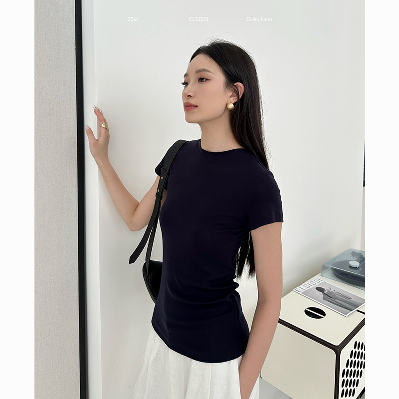 Elsissi Guangzhou Thirteen Elements Tencel Easiest for Match Temperament Casual Basic Round Neck Short Sleeve Wool T-Shirt Top for Women