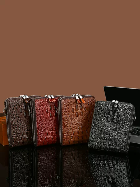 2025 Men's Export Crossbody Bag, Shoulder Bag, Double Zipper Crocodile Pattern Bag, Business Multi-Layer Commuter Bag, Large Capacity