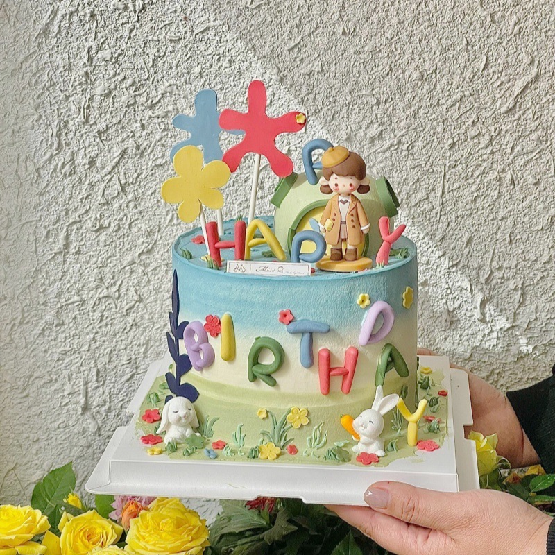 ネット紅ins女神春遊誕生日ケーキ装飾ソフトコートの女の子がカラーアルファベットを飾ってプラグインを焼く|undefined