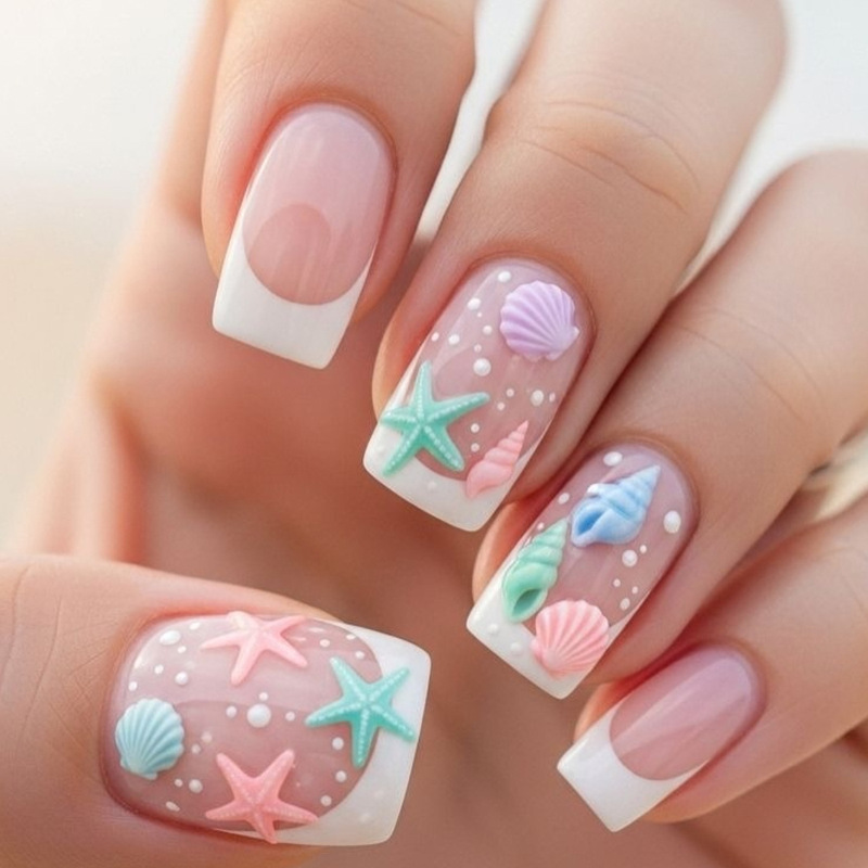 Medium Square Nail Art Patch Stereo Relief New Cross-Border Fake Nails Ocean Coral Water Grass 24 Pieces Nail Art Batch