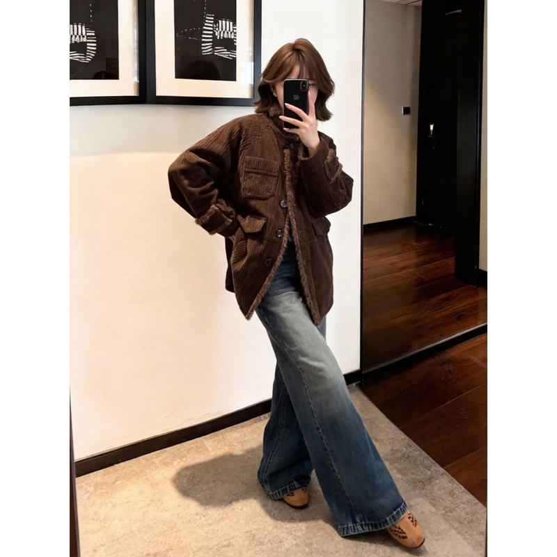 Coffee-Colored High-End Faux Fur Integrated Jacket Thick Coat 2026 New Women's Spring Plush Turn-Down Collar Parka Cotton Coat