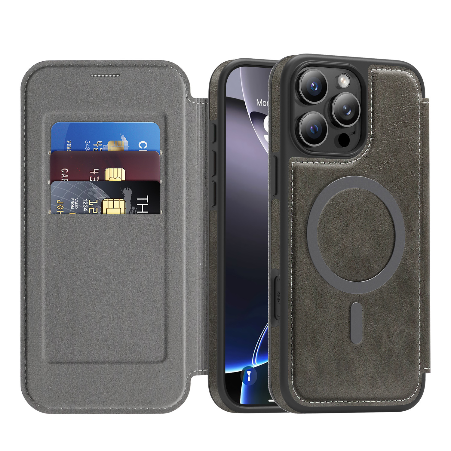 Ốp lưng da từ tính có khe đựng thẻ cho iPhone 16 Pro Max, chống sốc — Màu đen, Màu xanh ngọc, Màu cà phê, Xám vàng titan chi tiết 11