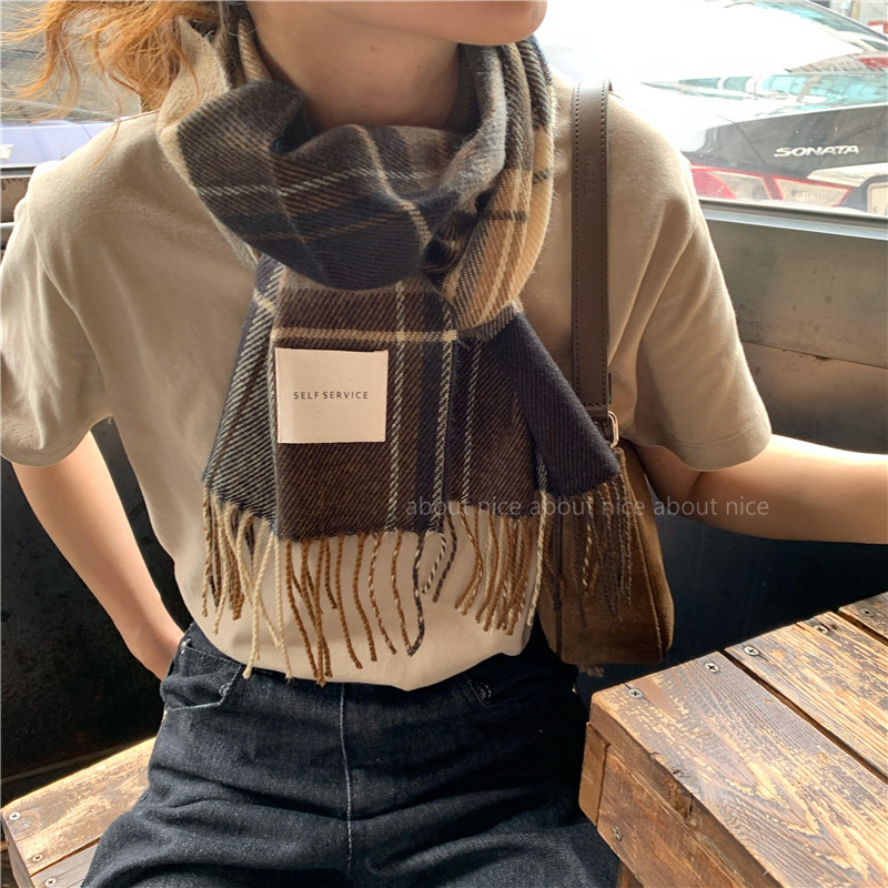 Korean Style Scarf with Western Style Fashionable B Small Plaid Tassel Scarf ins Self-retaining Retro College Plaid Scarf Korean Style Scarf with Western Style Fashionable B Small Plaid Tassel Scarf ins Self-retaining Retro College Plaid Scarf