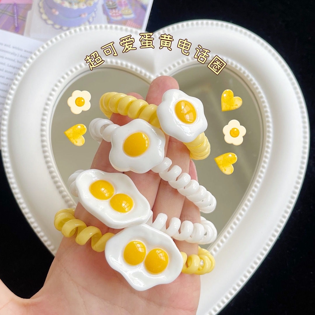 Huevo escalfado anillo de teléfono cuerda de pelo al por mayor de los niños divertidos dibujos animados simulación chica corazón estudiante novias no lastiman el pelo dulce accesorios para el cabello