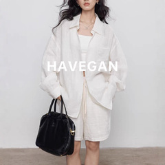 与间HAVEGAN/长袖亚麻衬衫女2025新款休闲短裤老钱风慵懒松弛套装