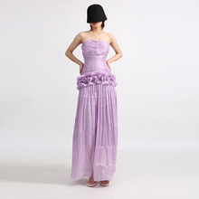 法式名媛轻奢晚宴礼服裙2025秋冬新款荷叶边花朵抹胸修身连衣裙女