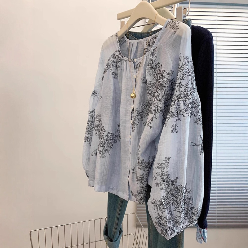 New Chinese Style National Style Embroidered Blue Long-Sleeved Shirt for Women, Loose and Lazy Style Top, High-End, Light Luxury, Age-Reducing and Western Style