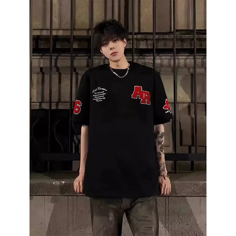 American Retro Personalized Letter Embroider Couple Short-Sleeved T-Shirt Summer Loose Trendy Brand Design Top for Men and Women