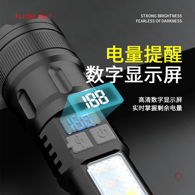 Nueva linterna láser blanca luz fuerte carga zoom de cola de disparo remoto cob usuario fuera de la casa linterna multifuncional